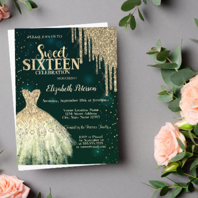 Invitación Cool Gold Glitter Drips,Vestido Verde Dulce 16 (Subido por el creador)