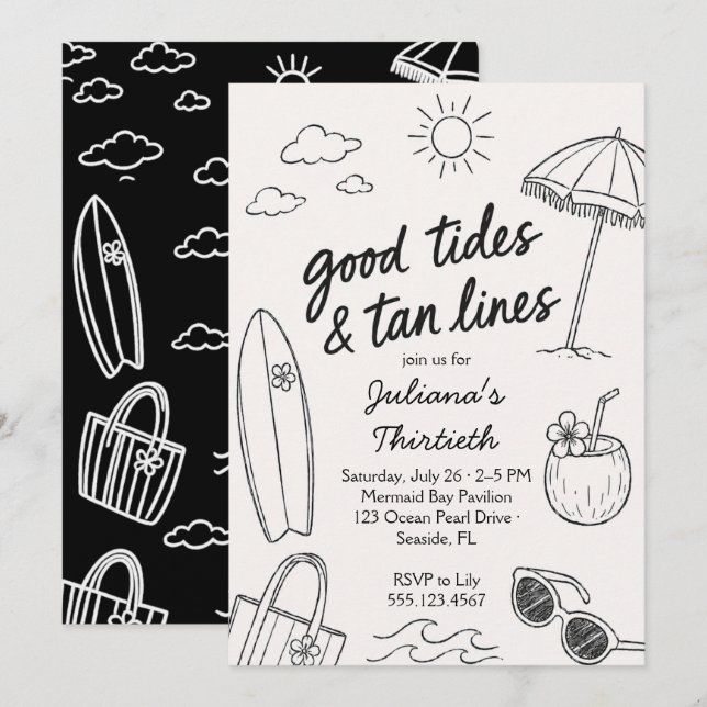 Invitación Cool Good Tides & Tan Lines Celebración de Playa  (Anverso / Reverso)