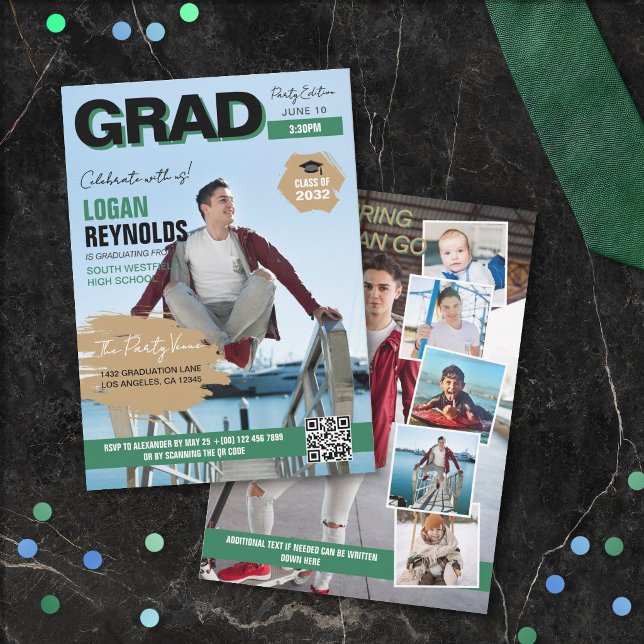 Invitación Cool Green Black Photos Magazine Cover Graduation (Subido por el creador)
