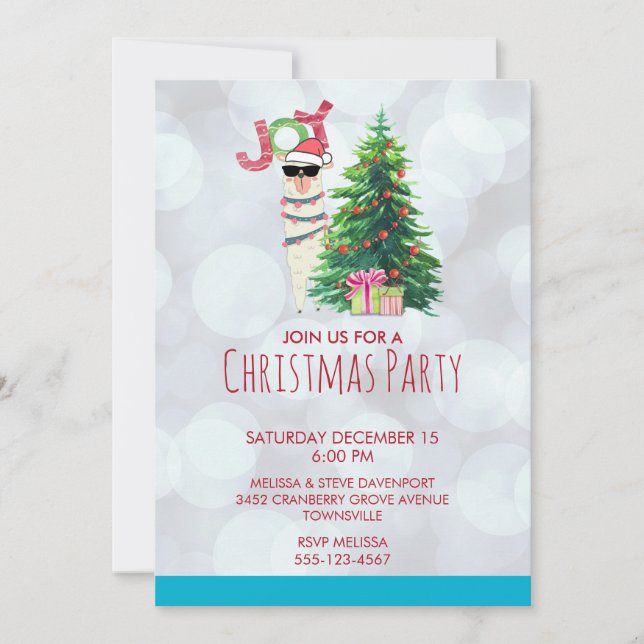 Invitación Cool Llama | Árbol de Navidad con Fiesta de Regalo (Anverso)