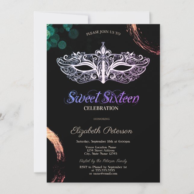 Invitación Cool Masquerade Sweet 16 (Anverso)