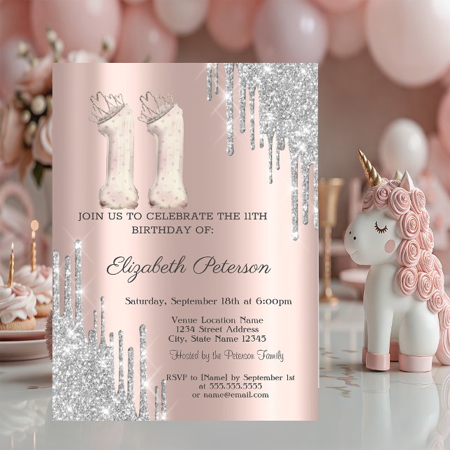 Invitación Cool Tiara Silver Drips Rose Gold 11th Birthday (Subido por el creador)