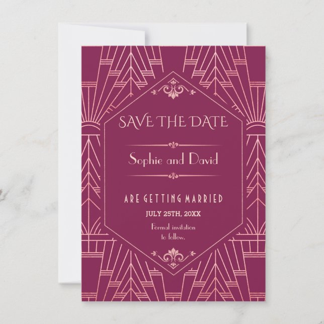 Invitación Cooper Rose Great Gatsby años 20  Save The Date (Anverso)