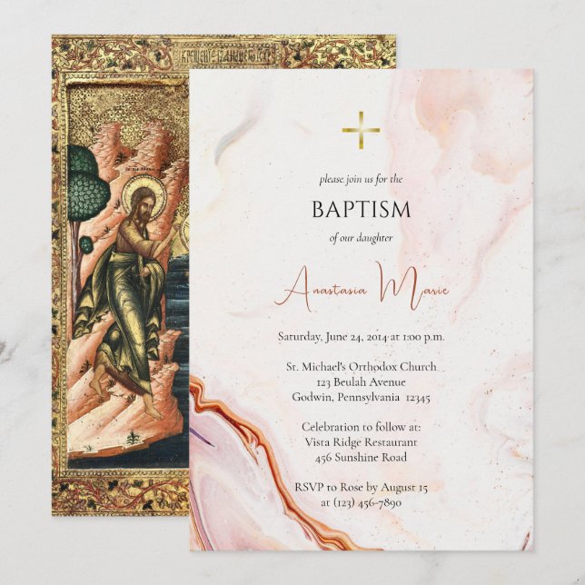 Invitación Cooper y falso mármol rosa Bautismo Ortodoxo       (Anverso / Reverso)