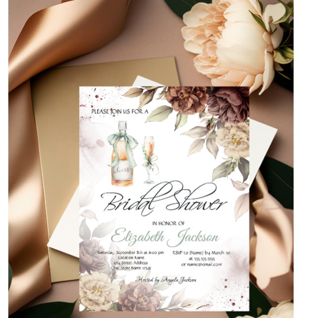 Invitación Copa de Botella de Vino Flores Chic Despedida de S (Subido por el creador)