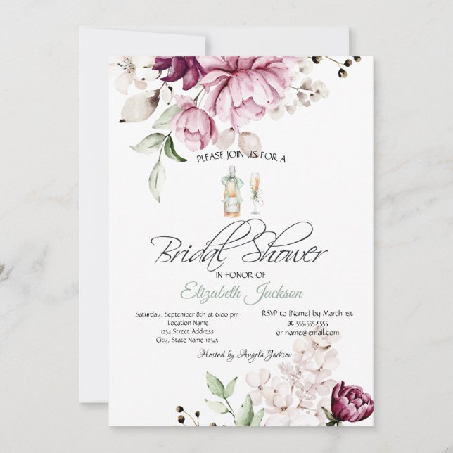 Invitación Copa de Botella de Vino Flores Violetas Despedida  (Anverso)