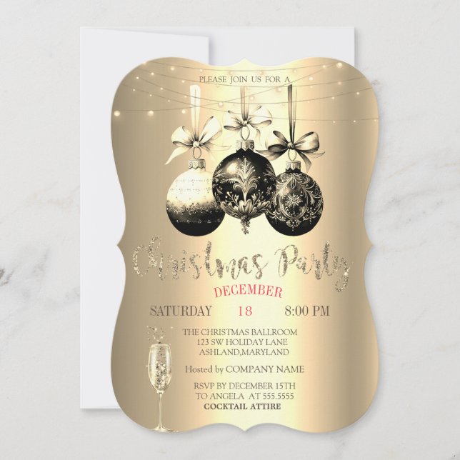 Invitación Copa de Champagne Chic, Luces Compañía de Navidad  (Anverso)