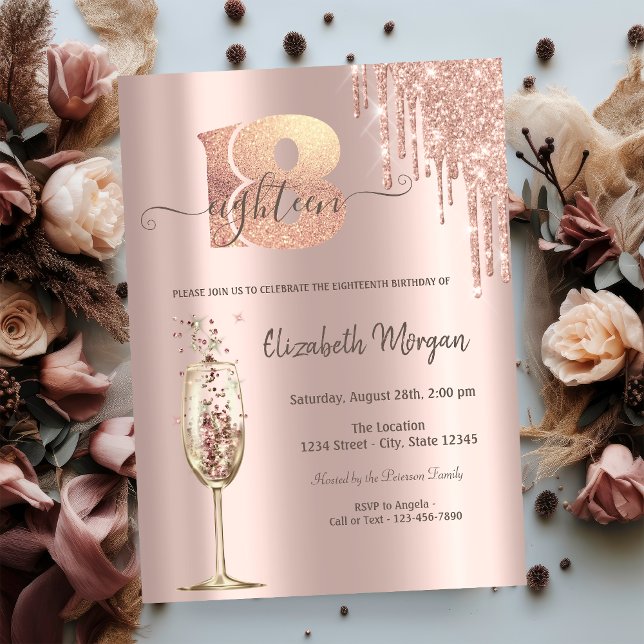 Invitación Copa de Champagne con Drips de Brillo Cumpleaños 1 (Subido por el creador)