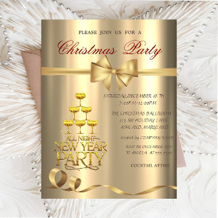 Invitación Copa de Champagne con Lazo Dorado Fiesta de Navida