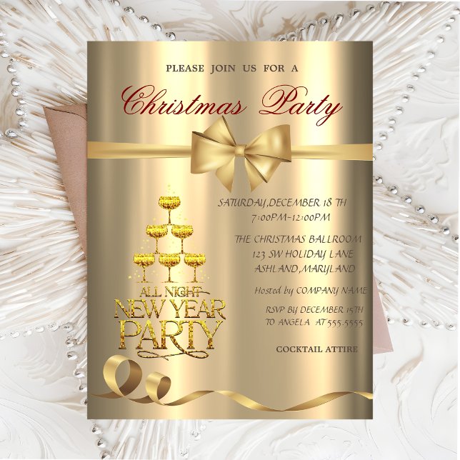 Invitación Copa de Champagne con Lazo Dorado Fiesta de Navida (Subido por el creador)