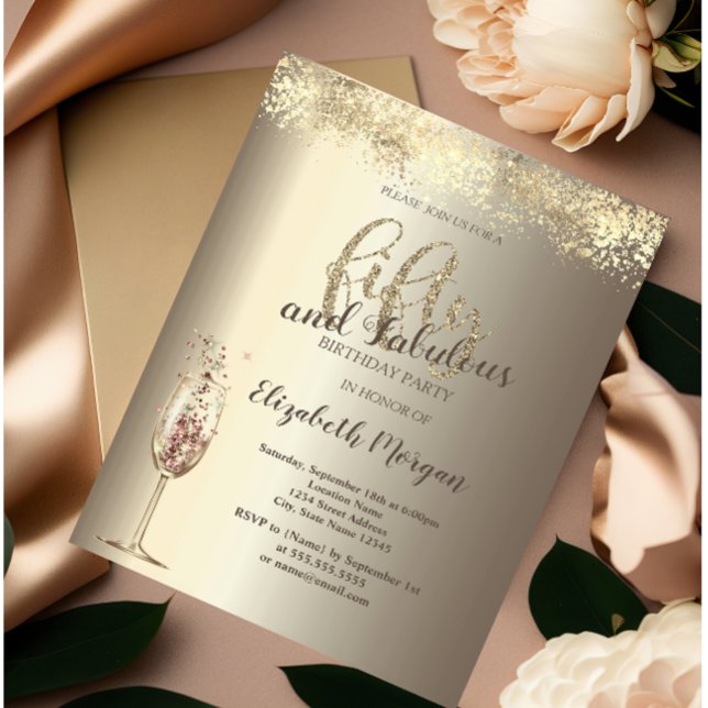 Invitación Copa de Champagne de Lujo con Confeti Dorado Cumpl (Subido por el creador)