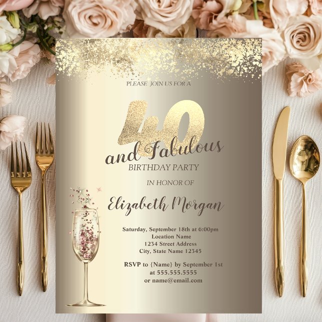 Invitación Copa de Champagne de Lujo Confeti Dorado Cumpleaño (Subido por el creador)