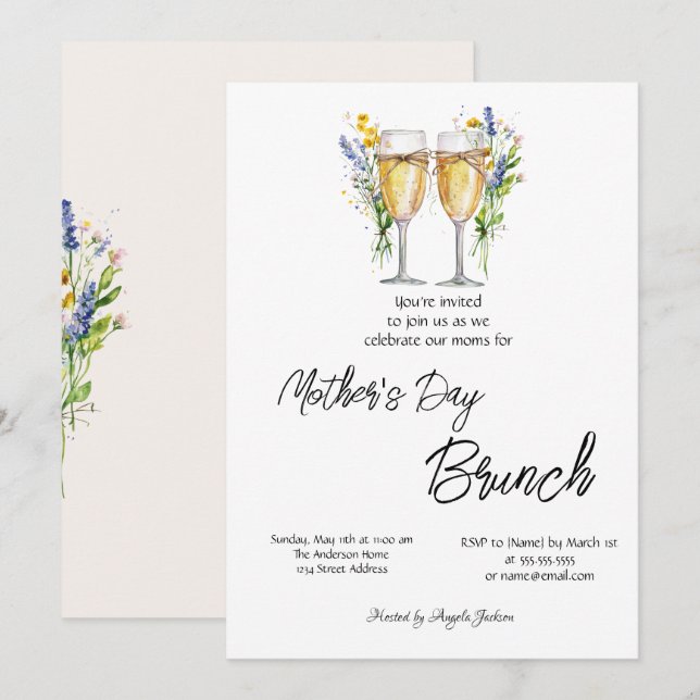 Invitación Copa de Champagne Flor Silvestre Brunch del Día de (Anverso / Reverso)
