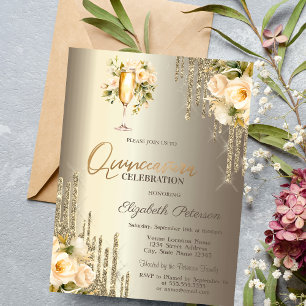 Invitación Copa de Champagne Floral con Goteo de Purpurina Qu