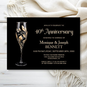 Invitación Copa de Champagne Hoja de Oro Aniversario de Bodas