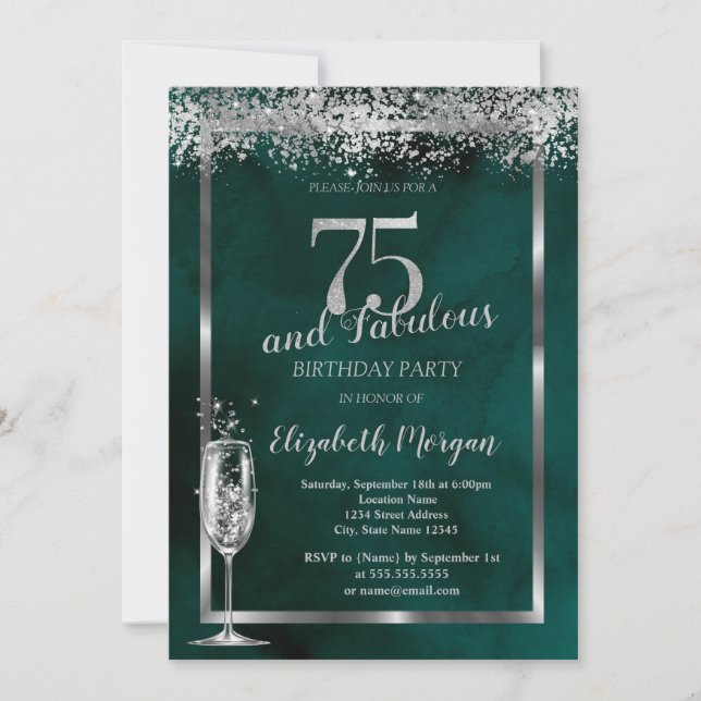 Invitación Copa de Champagne Plata Confeti Verde 75º (Anverso)