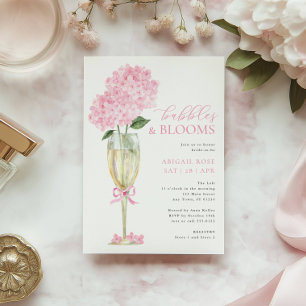 Invitación Copa de champán con burbujas y flores de hortensia