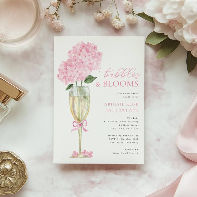 Invitación Copa de champán con burbujas y flores de hortensia (Subido por el creador)