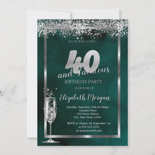 Invitación Copa de Champán Confeti Plateado Verde 40 Cumpleañ (Anverso)