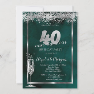 Invitación Copa de Champán Confeti Plateado Verde 40 Cumpleañ