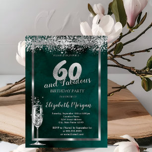 Invitación Copa de Champán Confeti Plateado Verde 60 Cumpleañ