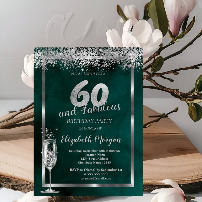 Invitación Copa de Champán Confeti Plateado Verde 60 Cumpleañ (Subido por el creador)