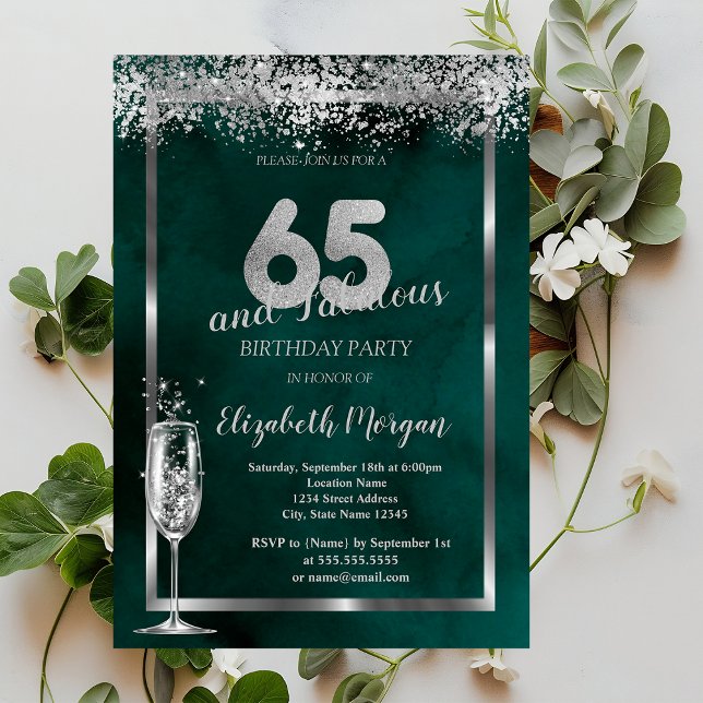 Invitación Copa de Champán Confeti Plateado Verde 65 Cumpleañ (Subido por el creador)