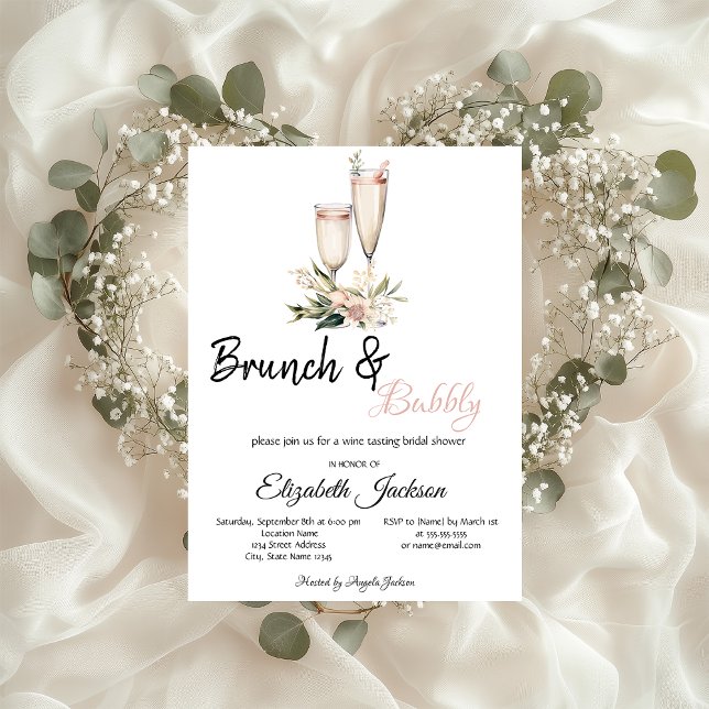Invitación Copa de champán de flores rosadas Brunch y burbuja (Subido por el creador)