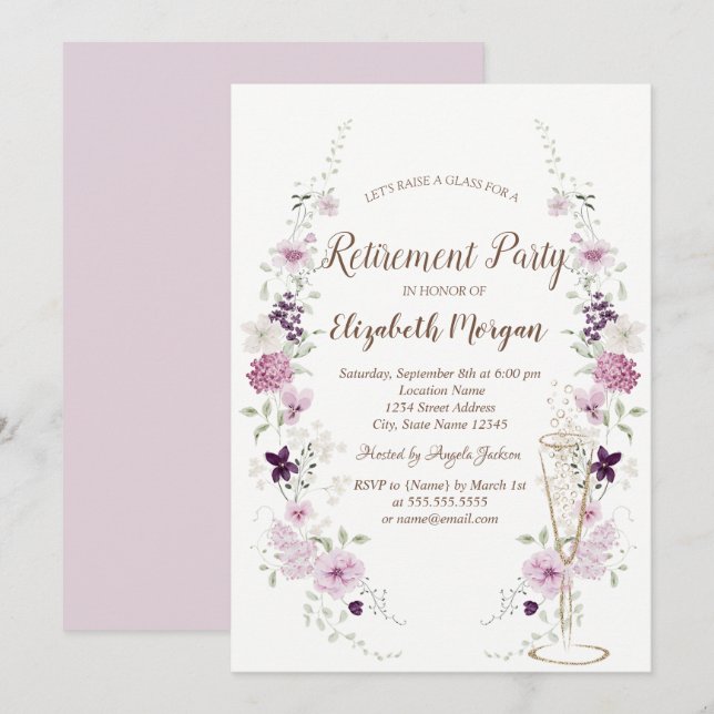 Invitación Copa de champán de flores silvestres de lavanda Ju (Anverso / Reverso)