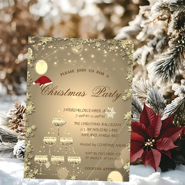 Invitación Copa de champán dorado árbol estrellas Navidad emp (Subido por el creador)