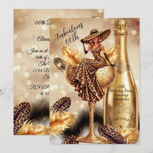 Invitación Copa de champán dorado leopardo de cumpleaños fabu