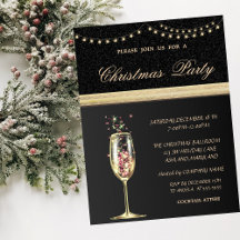 Copa de champán elegante negra, fiesta de Navidad