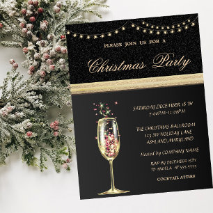 Invitación Copa de champán elegante negra, fiesta de Navidad