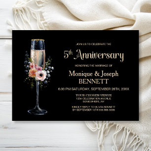 Invitación Copa de champán floral aniversario de bodas número