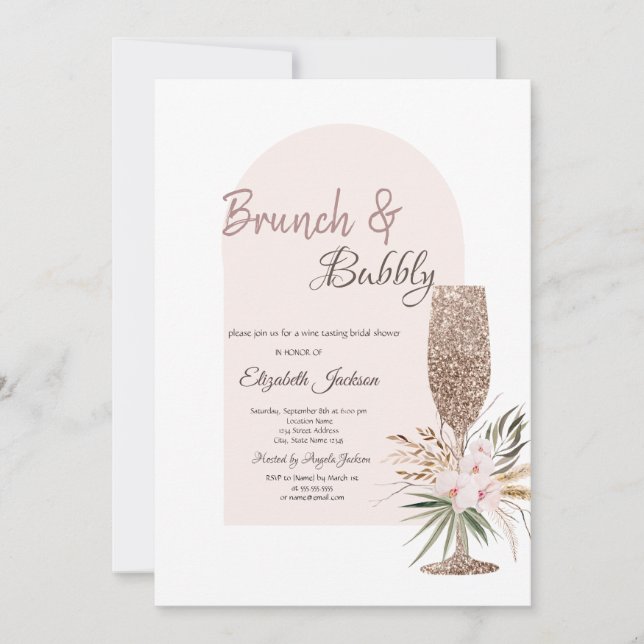 Invitación Copa de Champán Flores Boho Brunch y Burbujas (Anverso)