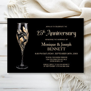 Invitación Copa de champán hoja de oro 25 aniversario de boda