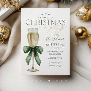 Invitación Copa de champán para fiesta de Navidad en verde y 