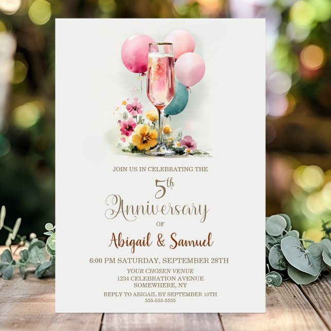 Invitación Copa de champán rosa 5º aniversario de bodas (Subido por el creador)