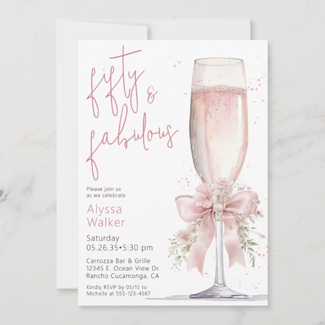 Invitación Copa de champán rosa 50 y fabuloso Cumpleaños 50 (Anverso)