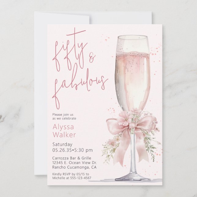 Invitación Copa de champán rosa 50 y fabuloso Cumpleaños 50 (Anverso)
