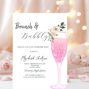 Invitación Copa de champán rosa flor brunch y burbujeante