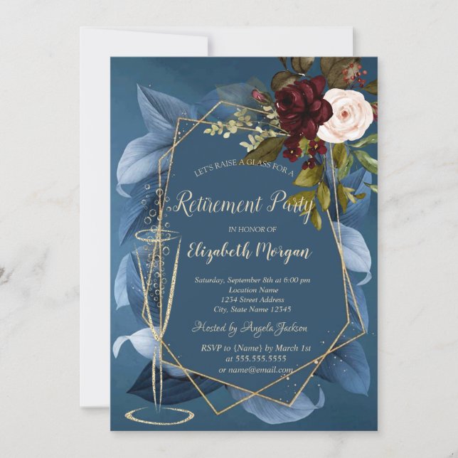 Invitación Copa de champán Rosas de Burdeos Azul Jubilación  (Anverso)