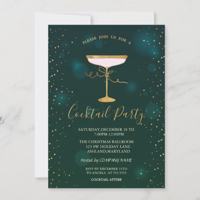 Invitación Copa de cóctel Estrellas Fiesta de Navidad Verde (Anverso)