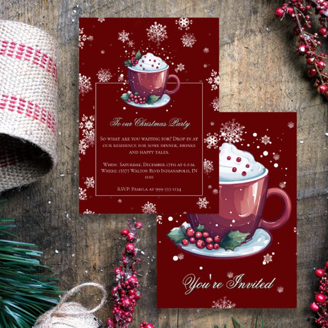 Invitación Copa de navidades de la fiesta navideña del chocol (Red Christmas Cup of Hot Chocolate Party Invitation)
