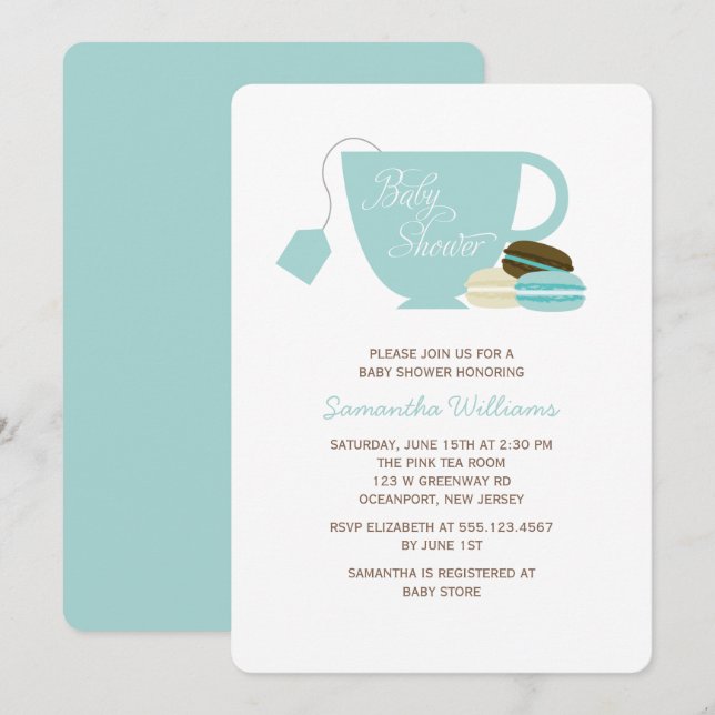 Invitación Copa de Té Azul y Baby Shower Macarons (Anverso / Reverso)