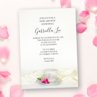 Invitación Copa de té floral con Baby Shower rosa