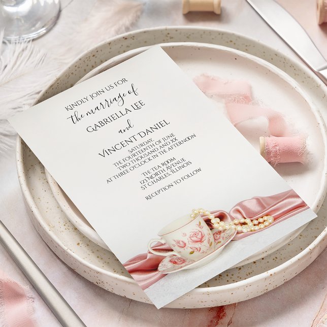 Invitación Copa de Té Floral Rosa con Boda de Perlas (Subido por el creador)