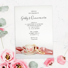 Invitación Copa de Té Floral Rosa con Fiesta de Perlas Quince