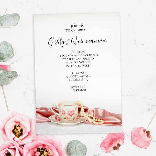 Invitación Copa de Té Floral Rosa con Fiesta de Perlas Quince (Subido por el creador)