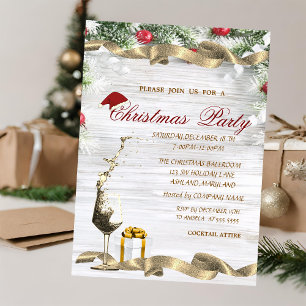 Invitación Copa de vino, árbol de pino presente Navidad corp